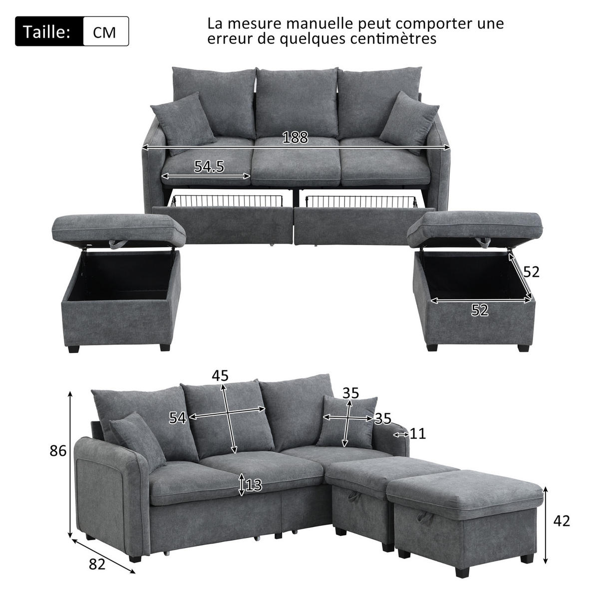 ROHOVÁ Sedacia zostava zo ženilky, taburety 52/52 cm, tmavosivá, s úložným priestorom a lôžkom - tmavosivá, plast (188/86/186cm) - BEAOK