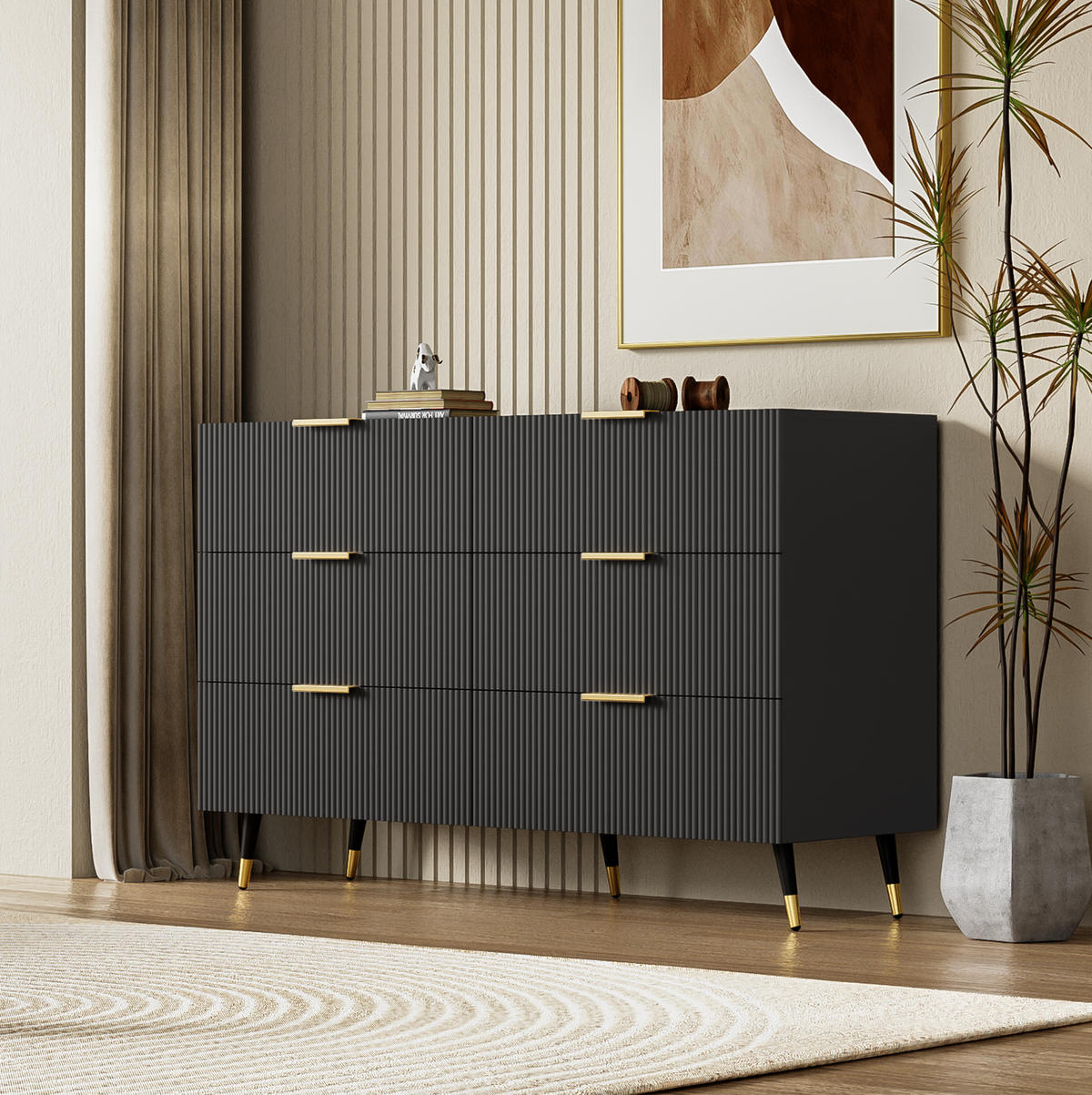 SIDEBOARD 120/40/77 cm in Schwarz mit 6 Schubladen und goldfarbenen Details - Schwarz, Holzwerkstoff (120/40/77cm) - Flora Grace