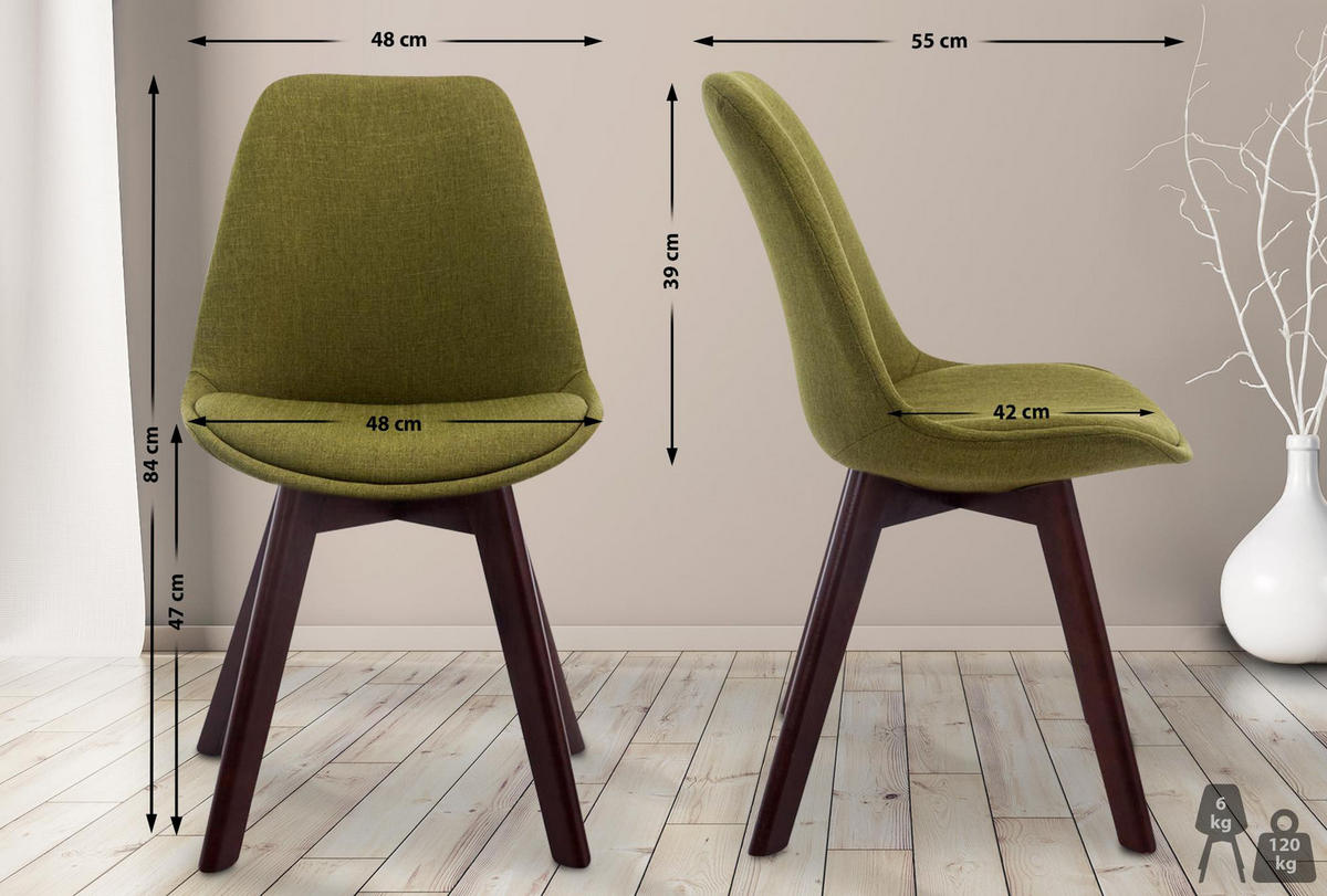 STUHL Stoff grün - Walnussfarben/Grün, Holz/Textil (48/84/55cm) - CLP