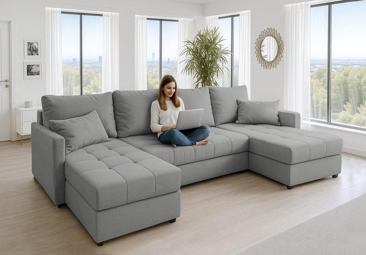 WOHNLANDSCHAFT Dolceo Hellgrau 287/140/73 cm mit Bettkasten Schlaffunktion Modern - Greige/Schwarz, Kunststoff/Textil (287/73/140cm) - AX Living