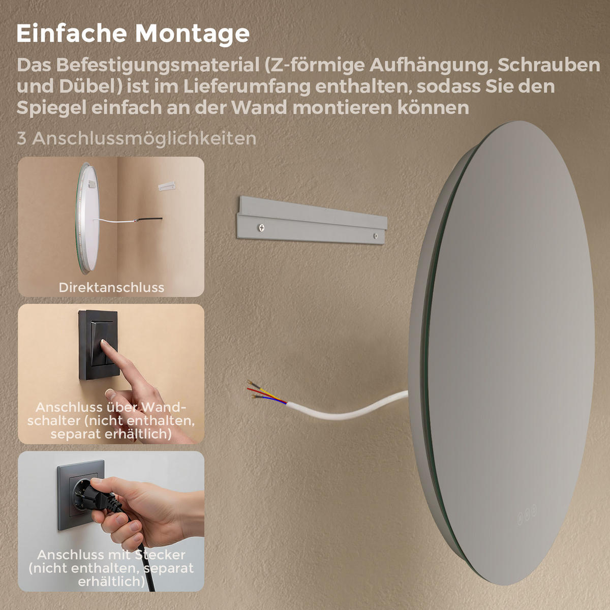 BADSPIEGEL MIT BELEUCHTUNG 60 cm Rund mit dimmbarer LED-Beleuchtung und Antibeschlag - Transparent, Glas (60/60/3.5cm) - S'AFIELINA