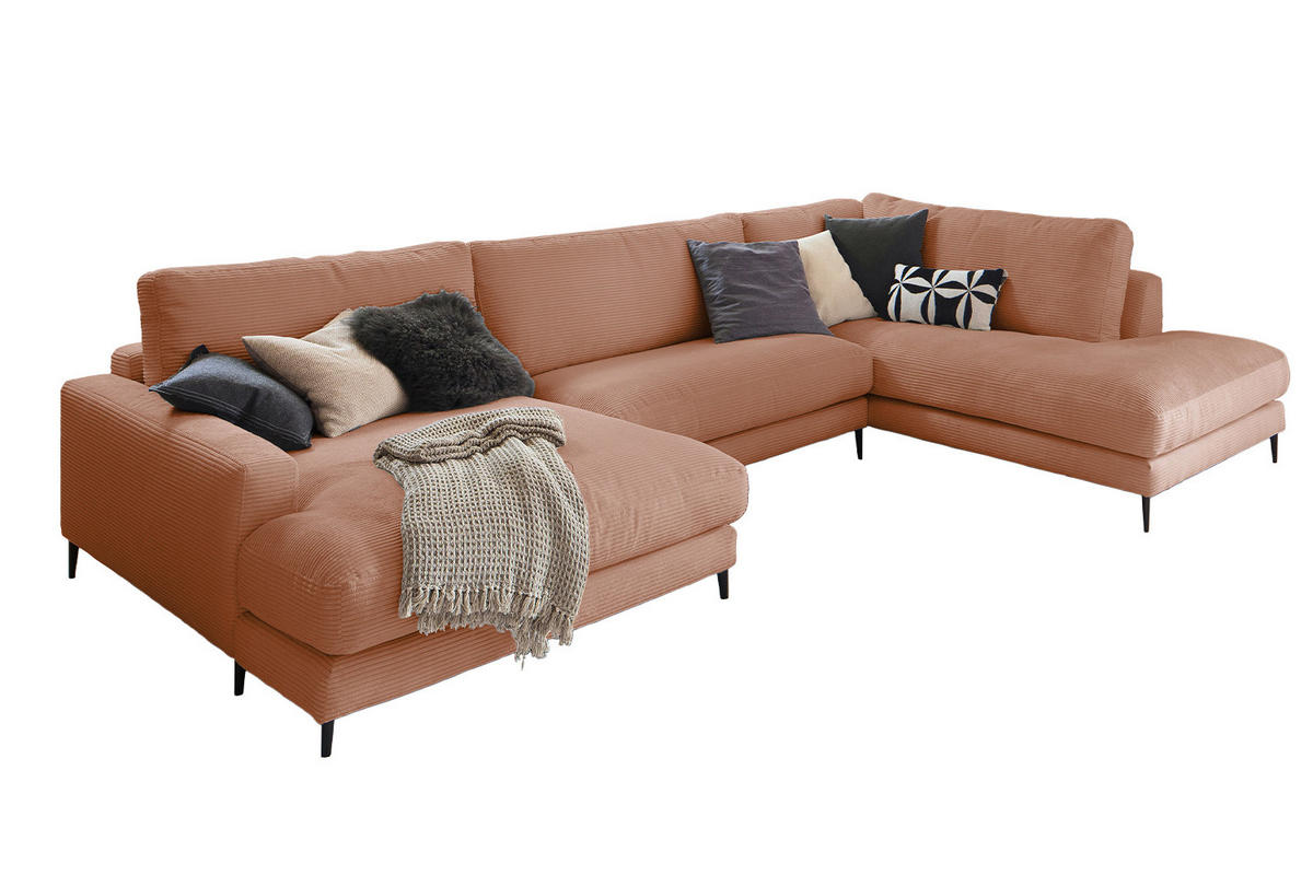 WOHNLANDSCHAFT CARA Braun Cord - Dunkelbraun/Schwarz, Textil (341/84/223cm) - KAWOLA