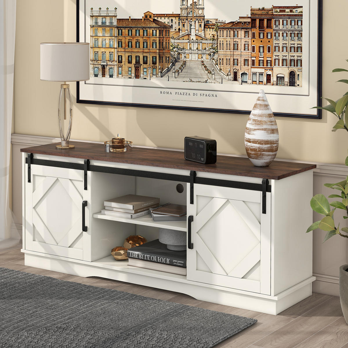 TV-LOWBOARD 150/40/60 cm braun/weiß aus Spanplatte mit Schiebetüren - Weiß, Holzwerkstoff (150/60/40cm) - OKWISH