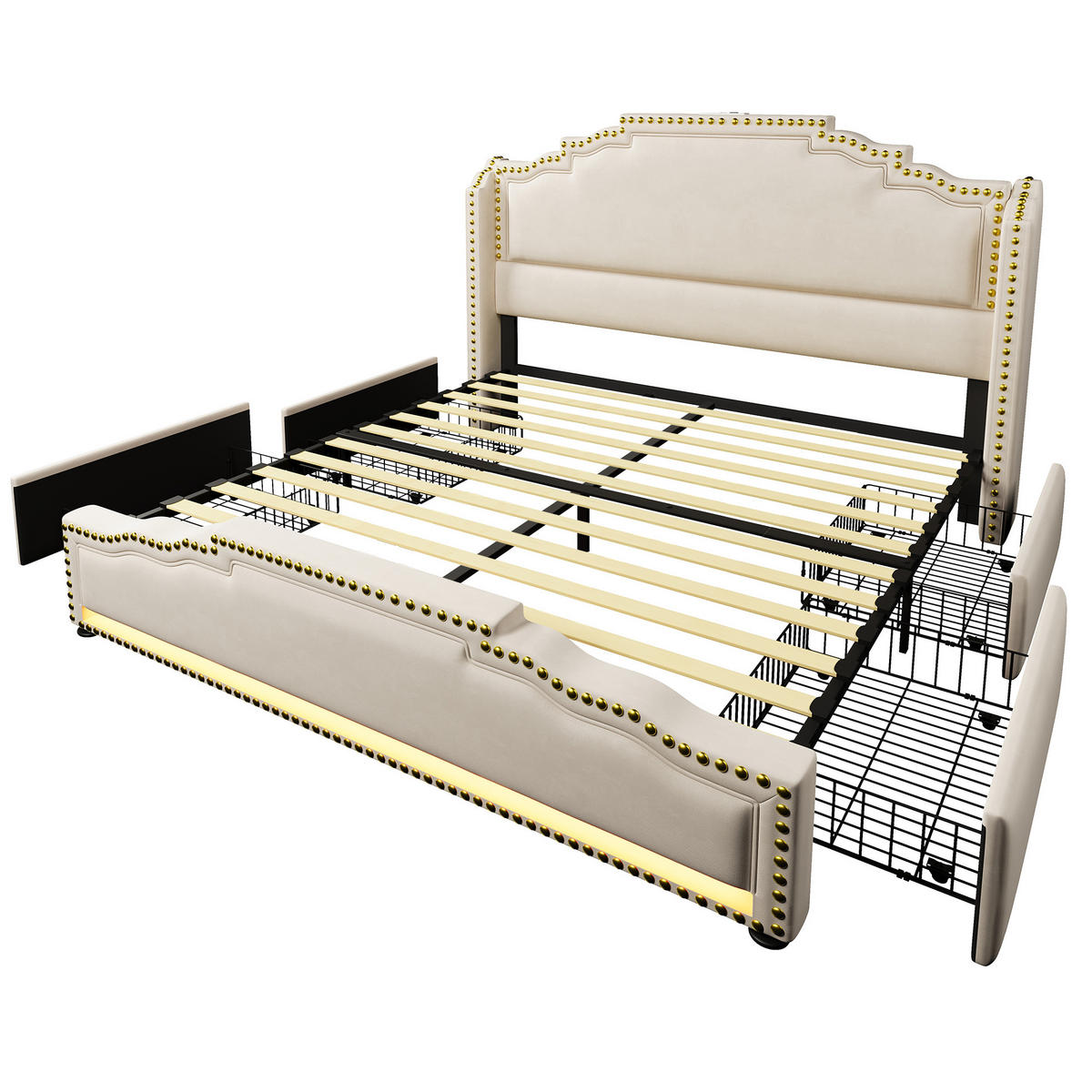 POLSTERBETT 160/200 cm Beige aus Samt mit LED-Beleuchtung - Beige, Leder (160/200cm) - OKMYHOME
