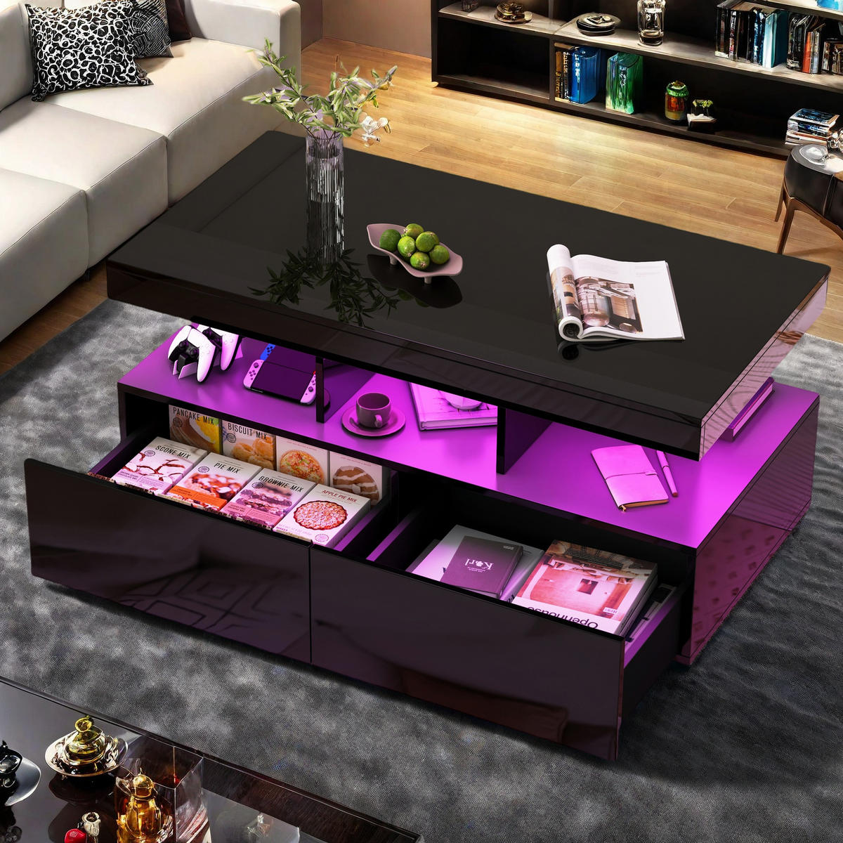 COUCHTISCH mit LED Stauraum Schublade 104x53x46 cm - Schwarz, Holzwerkstoff (104/53/46cm) - SHOPENTRA