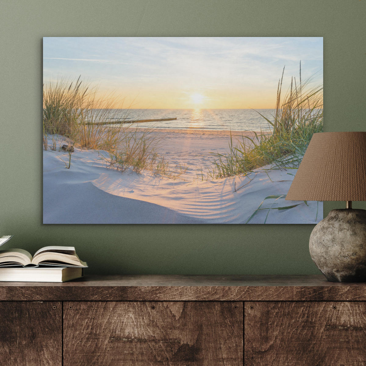 AKUSTIKBILD Strand - Sonne - Düne - Gras - Sand - Horizont Wanddeko 70x50 cm - Hellblau, Kunststoff (70/50/0.9cm) - MuchoWow