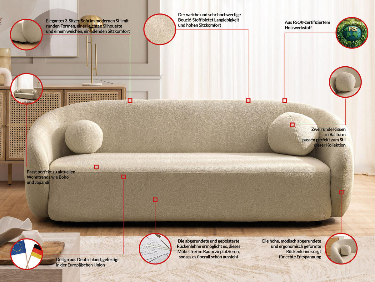 SITZGARNITUR 3+2+1 Roundi Beige Bouclé - Beige/Schwarz, Holz/Kunststoff (208/76/80cm) - S-Style Möbel