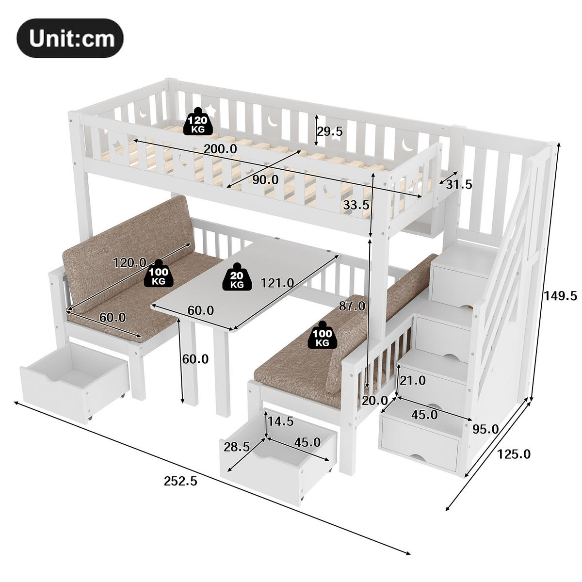 HOCHBETT 90/200 cm 2-in-1-Bett und Schreibtisch mit Stauraumleiter weiß - Weiß, Holz (90/200cm) - OKWISH