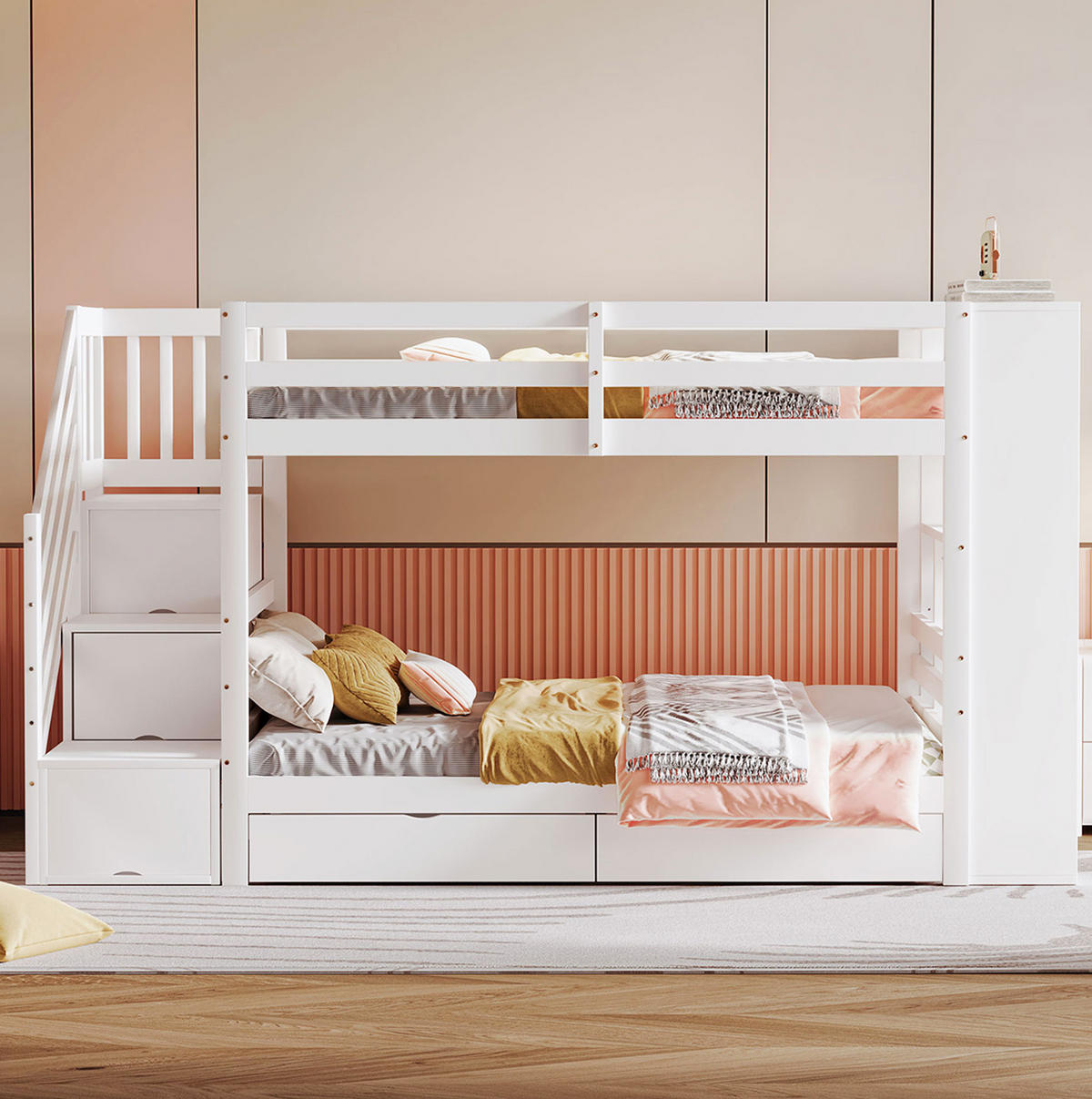 ETAGENBETT aus Kiefernholz 90x200 cm Weiß mit Sicherheitstreppe, Stauraum und Lattenrost - Weiß, Holzwerkstoff (90/200cm) - Modfu