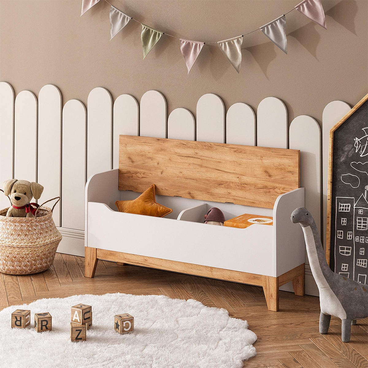 SPIELZEUGTRUHE Malia Weiß/Artisan 107.2 x 50 cm mit Sitzfläche - Weiß, Holzwerkstoff (107.2/30cm) - VitaliSpa