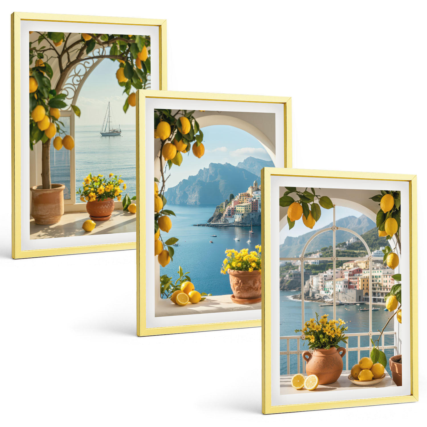 BILDER SET 3er Set - 40x60 cm Goldrahmen - Zitronenblumen aus der Küstenstadt - Goldfarben, Kunststoff (40/60cm) - TULUP