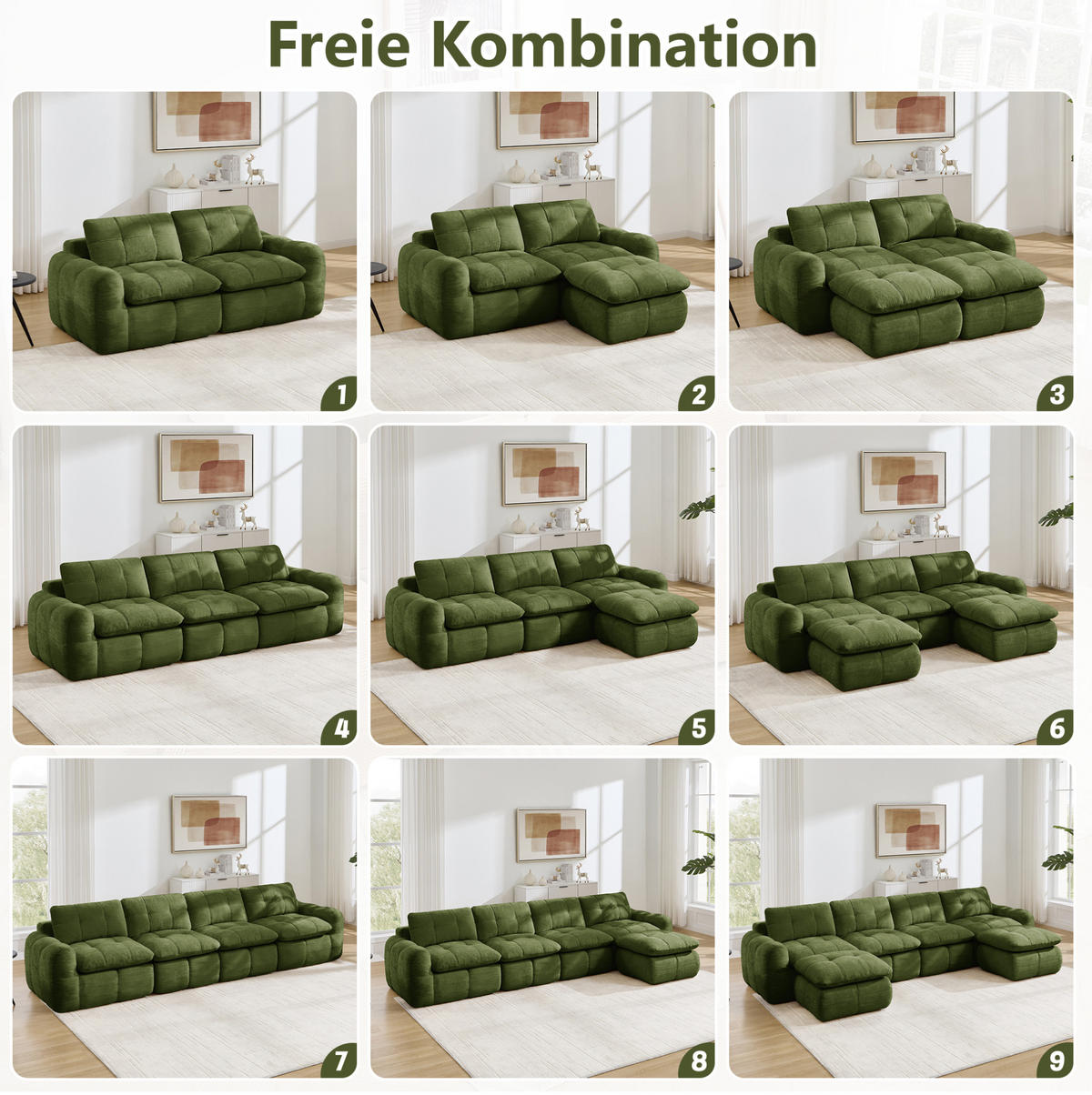 SOFA 194/160/68 cm in Grün aus Chenille, rahmenlos und montagefrei - Grün, Textil (160/68/194cm) - Flora Grace