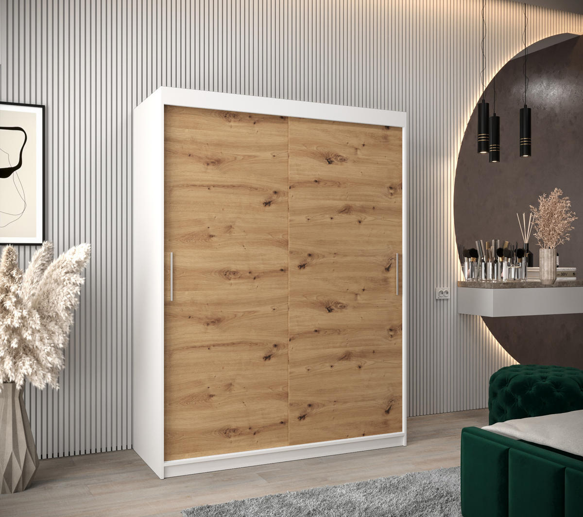 SCHWEBETÜRENSCHRANK 200/150/62 2-türig - Silberfarben/Eiche Artisan, Holz/Kunststoff (150/200/62cm) - Abiks Möbel
