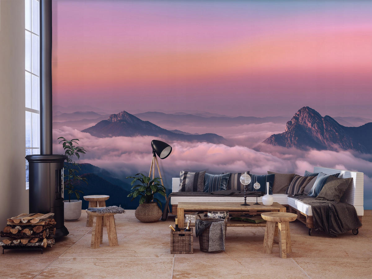 FOTOTAPETE Gebirge Himmel Rosa 350x250 cm - Multicolor, Papier (350/250cm) - Wallarena