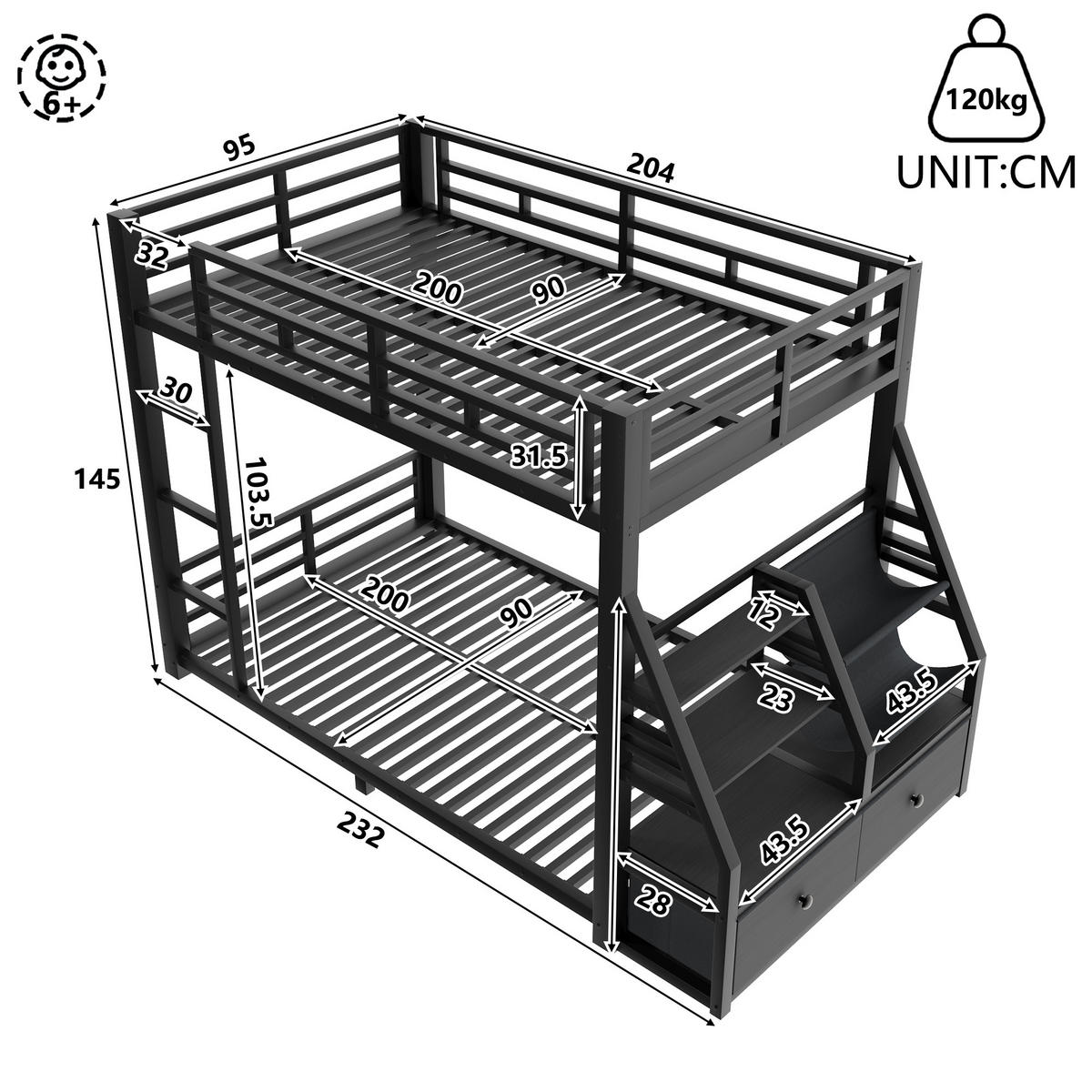 ETAGENBETT 90x200cm mit LED-Beleuchtung, mit 2 Stoffschubladen, Schwarz - Schwarz, Metall (90/200cm) - KOMHTOM