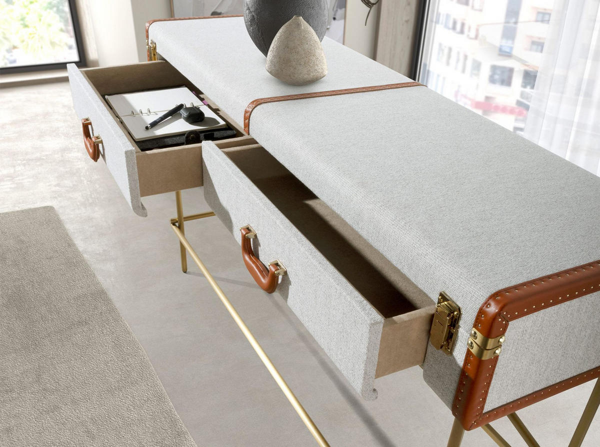 KONSOLENTISCH Rechteckiger Konsolentisch, Stoff, Nussbaum und polierter Goldstahl 141/45/81 cm - Grau, Holzwerkstoff/Metall (45/141/81cm) - ANGEL CERDA