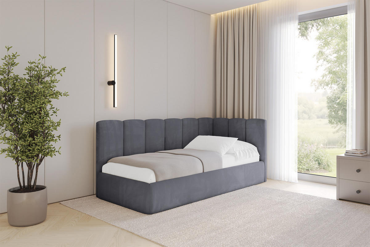 EINZELLBETT Jugendbett mit Bettkasten, Links - DEXY 90x200 Dunkelgrau - Dunkelgrau, Holzwerkstoff/Textil (90/200cm) - ALTDECOR