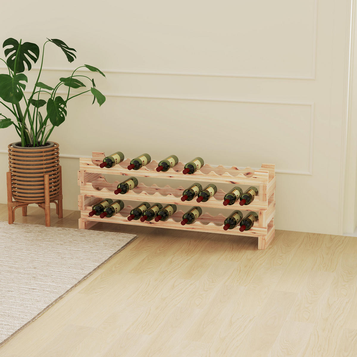 WEINREGAL, 36 Flaschen, 3 verstellbare Ebenen, Naturholz, 114x28x42,5cm - Multicolor, Metall (114/42.5/28cm) - FORIOUS