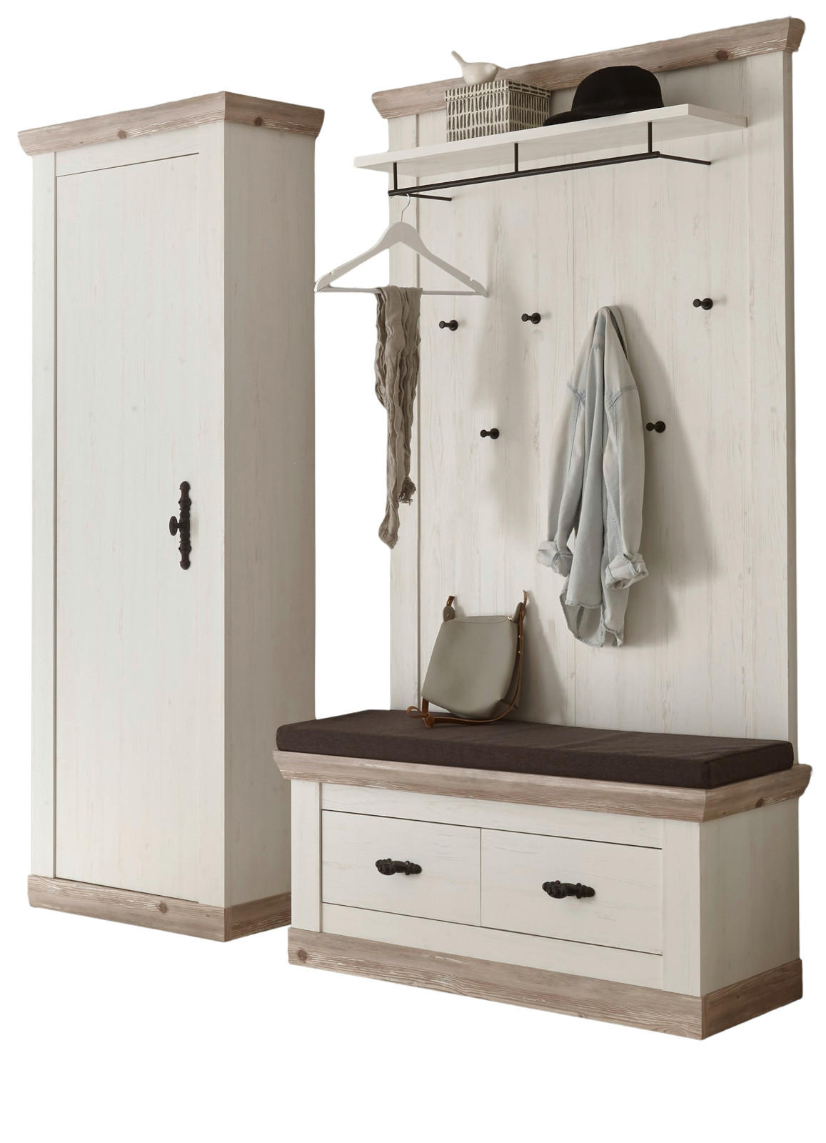GARDEROBENKOMBINATION Pinie weiß, Oslo Pinie Landhaus, Garderobe Set 3-tlg., 190 x 201 cm - Anthrazit/Weiß, Holzwerkstoff/Metall (190/201/45cm) - Furn.Design