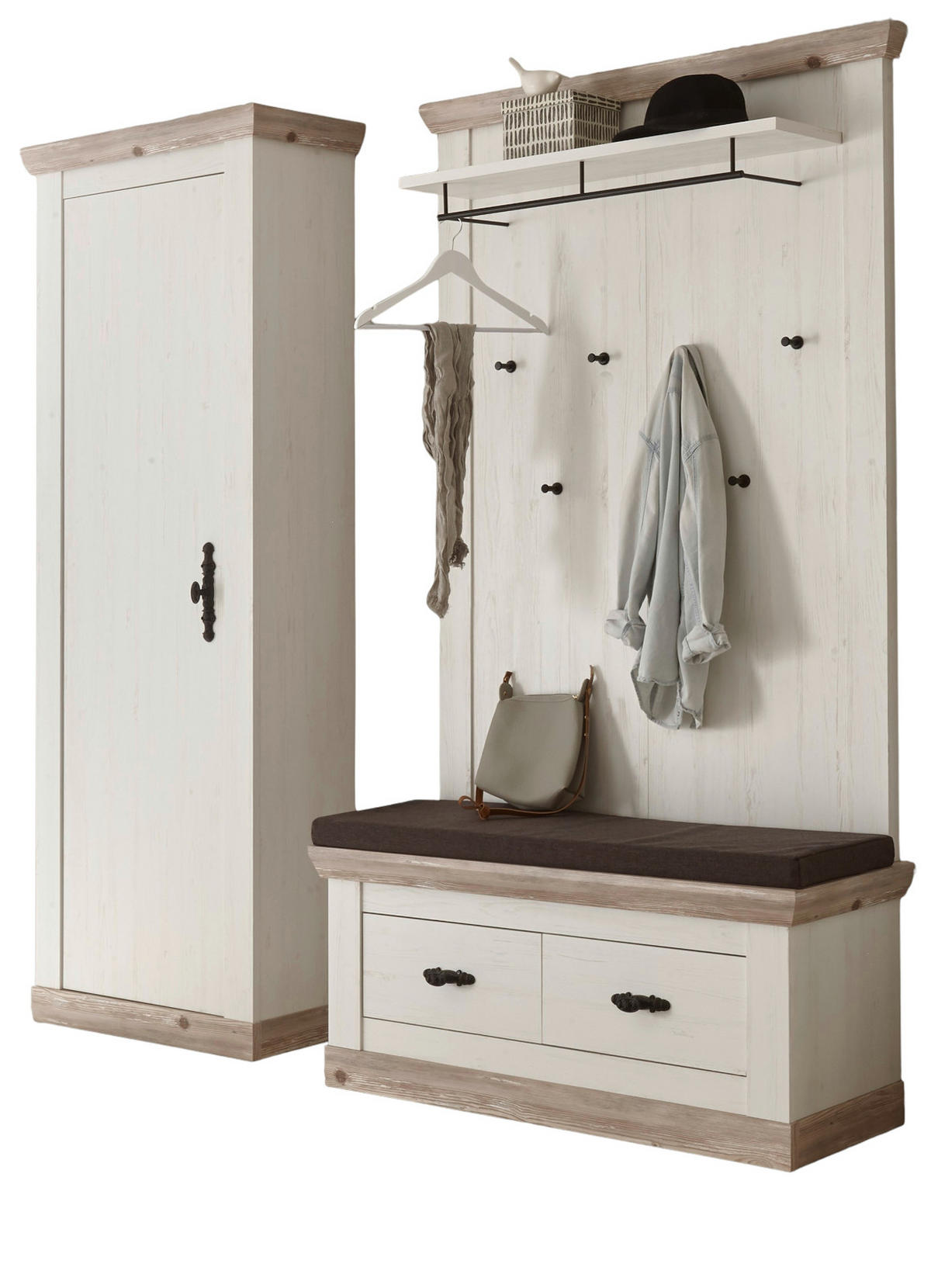 GARDEROBENKOMBINATION Pinie weiß, Oslo Pinie Landhaus, Garderobe Set 3-tlg., 190 x 201 cm - Anthrazit/Weiß, Holzwerkstoff/Metall (190/201/45cm) - Furn.Design