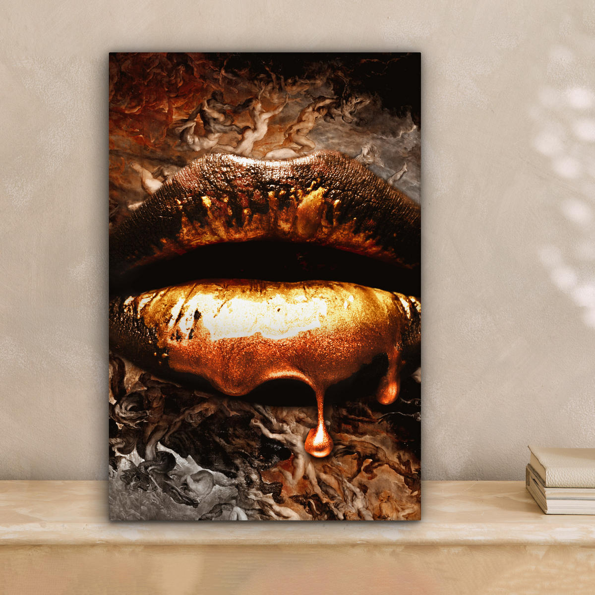 LEINWANDBILD Gold - Lippen - Kunst - Gold - Luxus - Abstrakt Deko Wohnzimmer 20x30 cm - Kupferfarben, Textil (20/30cm) - MuchoWow