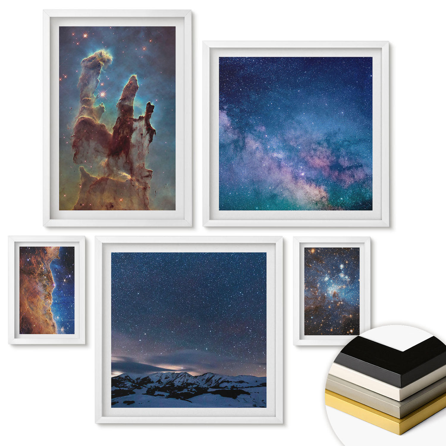 WANDBILDER 5er-Set - 50x50 cm & 20x30 cm & 40x60 cm Weißer Rahmen - Weltraumlandschaften von Galaxien - Weiß, Kunststoff (40/60cm) - ArtPrintCave