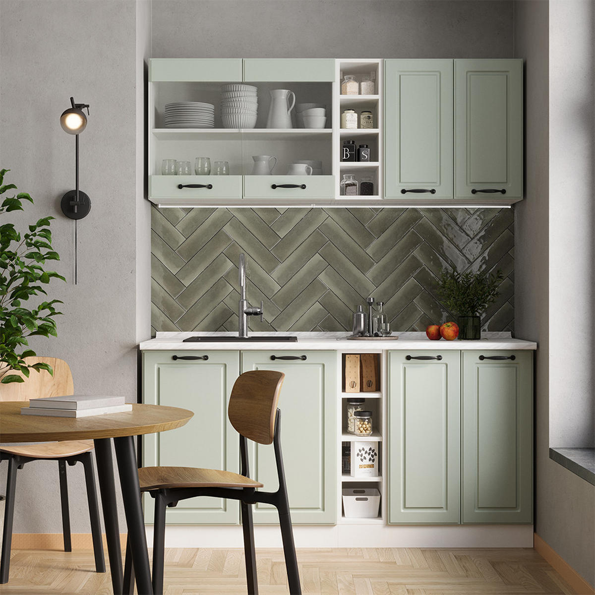 SINGLEKÜCHE R-Line, Mint Landhaus/Weiß, 160 cm ohne Arbeitsplatte - Weiß/Grün, Holzwerkstoff (160/81.6/46cm) - Vicco