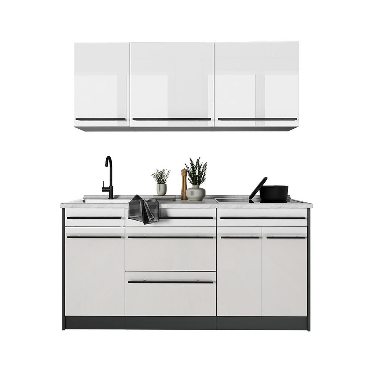 SINGLEKÜCHE R-Line, Weiß Hochglanz/Anthrazit, 160 cm ohne Arbeitsplatte - Weiß Hochglanz/Anthrazit, Holzwerkstoff (160/81.6/46cm) - Vicco