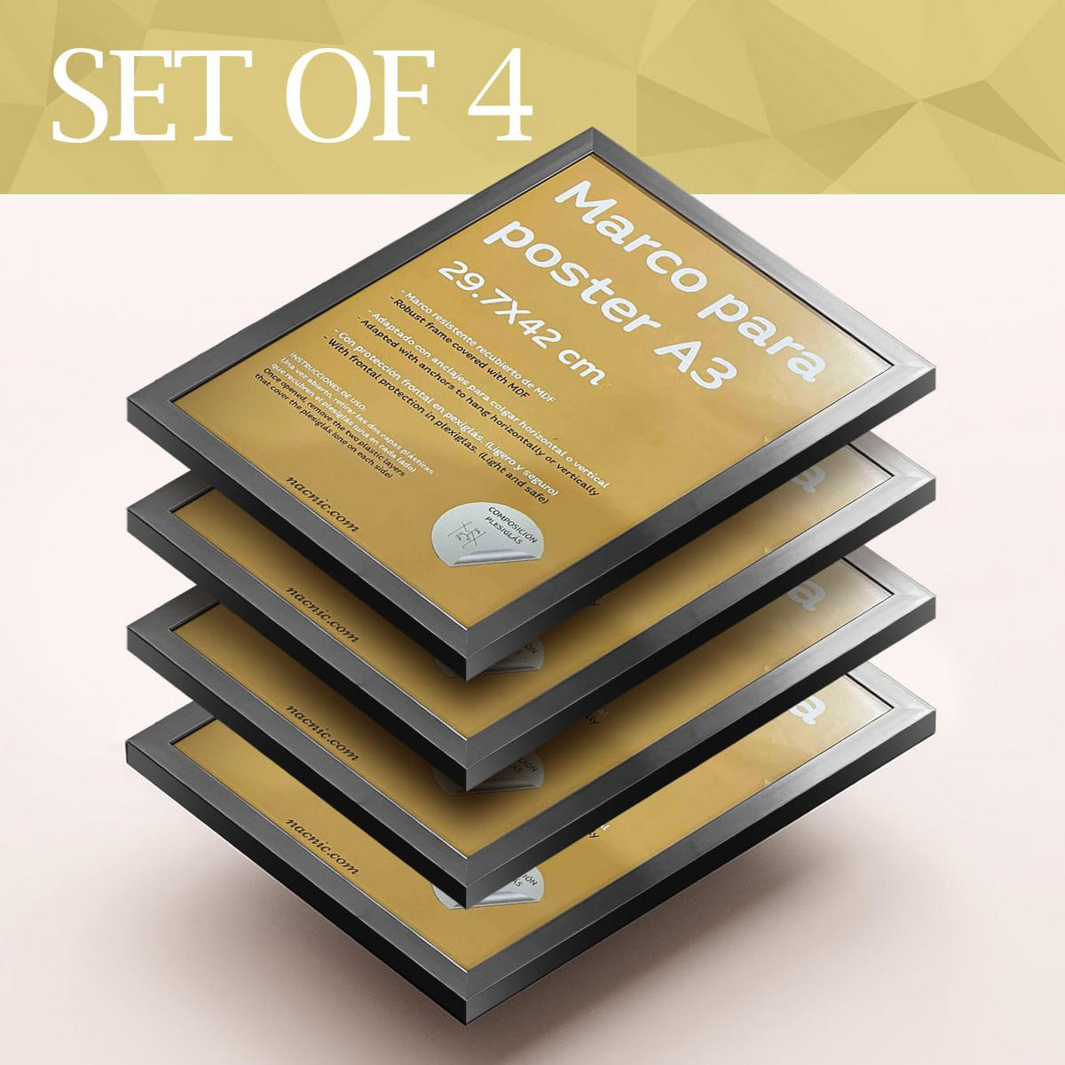 RAHMEN Set mit 4 aus MDF und Acrylglas Schutz und Aussteller für Fotografien, Bilder, Poster, Gemälde, Dekoration für Haus Farbe Hellholz A3 - Beige, Holz (29.7/3/42cm) - Nacnic