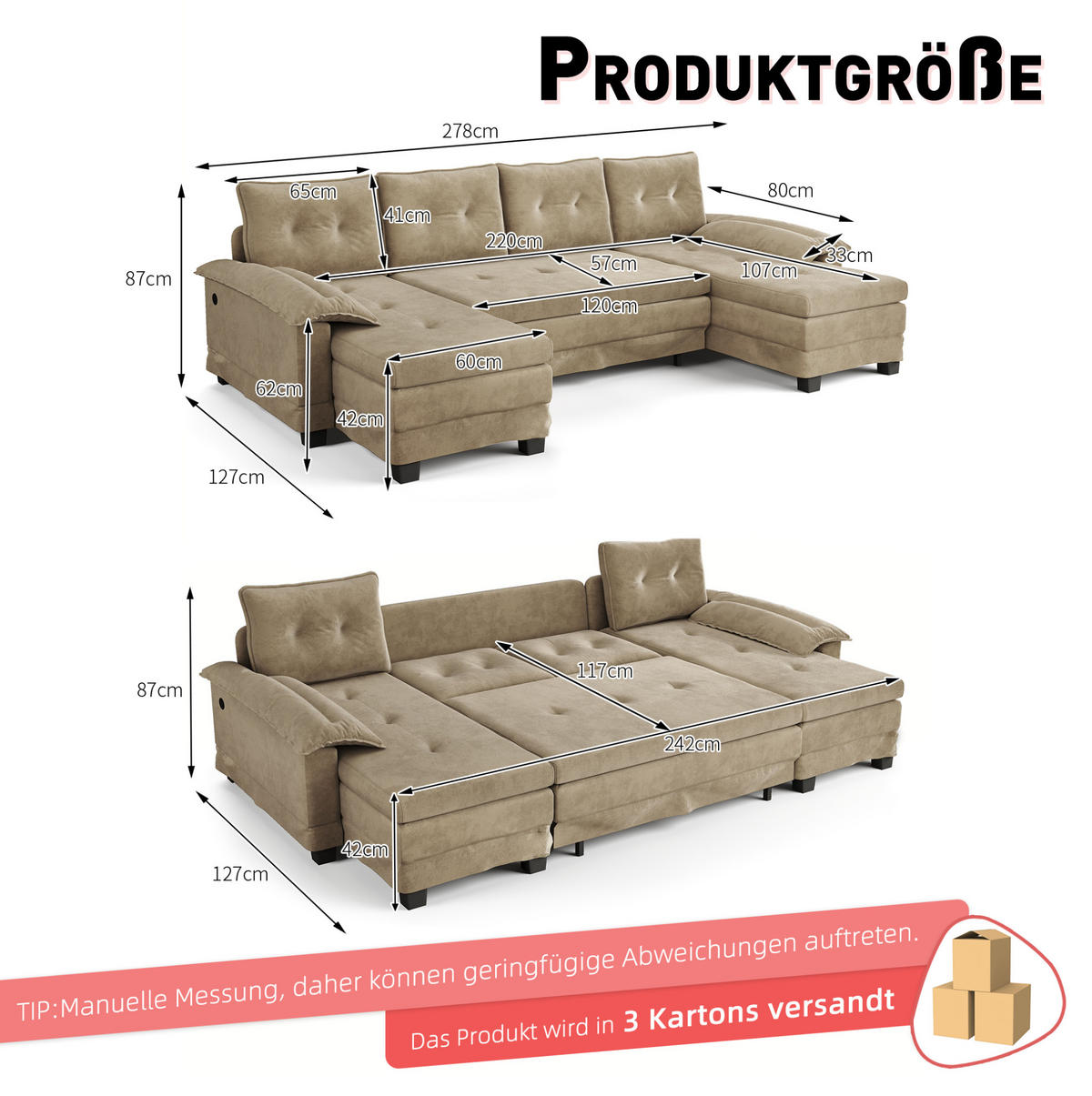 SCHLAFSOFA aus Chenille 278x127x87 cm Khaki mit USB-Anschluss, abnehmbaren Armlehnen und ausziehbarer Schlaffunktion - Beige, Textil (278/87/127cm) - Modfu