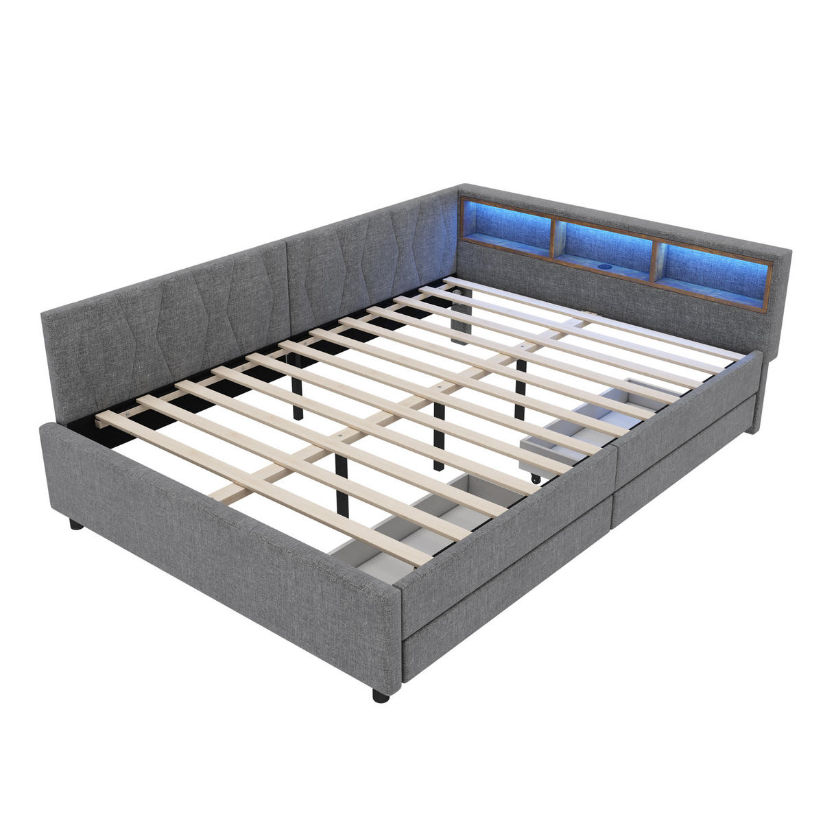 POLSTERBETT 140/200 cm aus Leinen und MDF mit LED-Lichtleiste, USB-C und 2 Schubladen Grau - Grau, Textil (140/200cm) - Modenvie