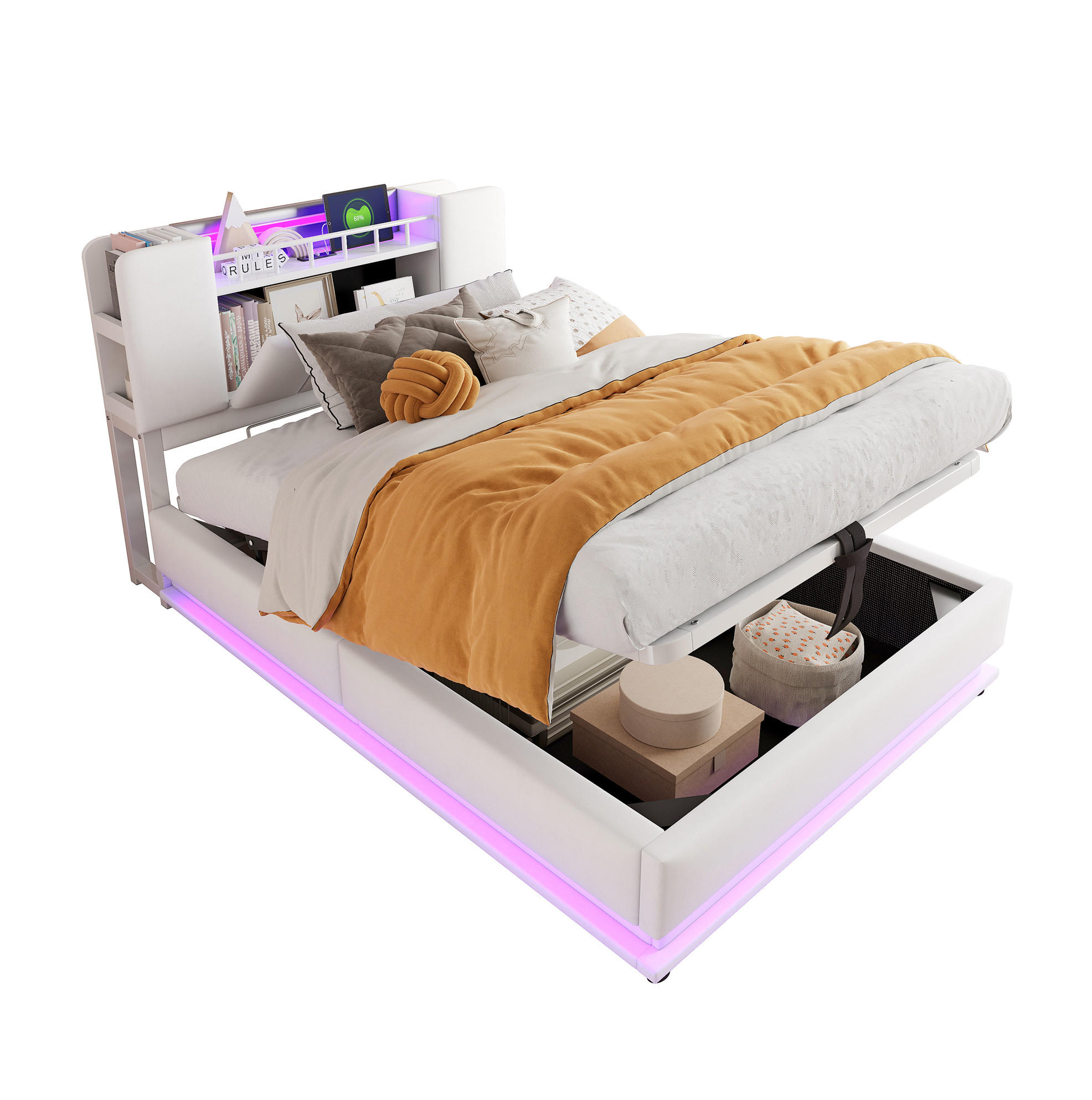 POLSTERBETT 90/200 cm Beige mit LED-Beleuchtung und Stauraum - Beige, Textil (90/200cm) - Flora Grace