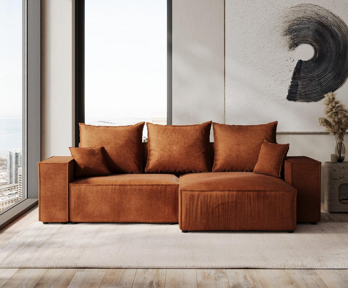 ECKSOFA SENSO mit Schlaffunktion Kupfer im Wind Stoff - Schwarz/Kupferfarben, Holz/Holzwerkstoff (255/148cm) - AltaBeds
