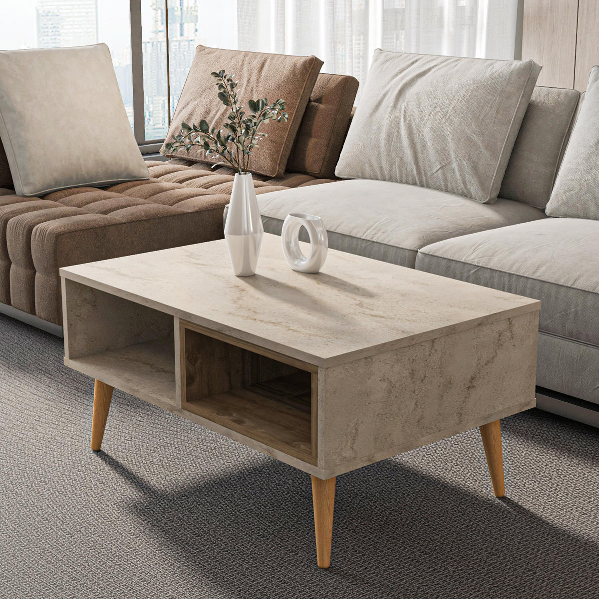 COUCHTISCH Oberon Travertin Walnuss - Beige, Holzwerkstoff (60/90/43cm) - Decorotika