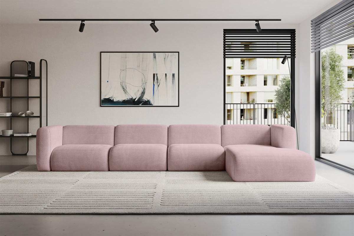 ECKSOFA Ottomane Rechts MIRA-L3 409x179x70 Rosa Cord - Schwarz/Rosa, Holzwerkstoff/Kunststoff (409/179cm) - ALTDECOR