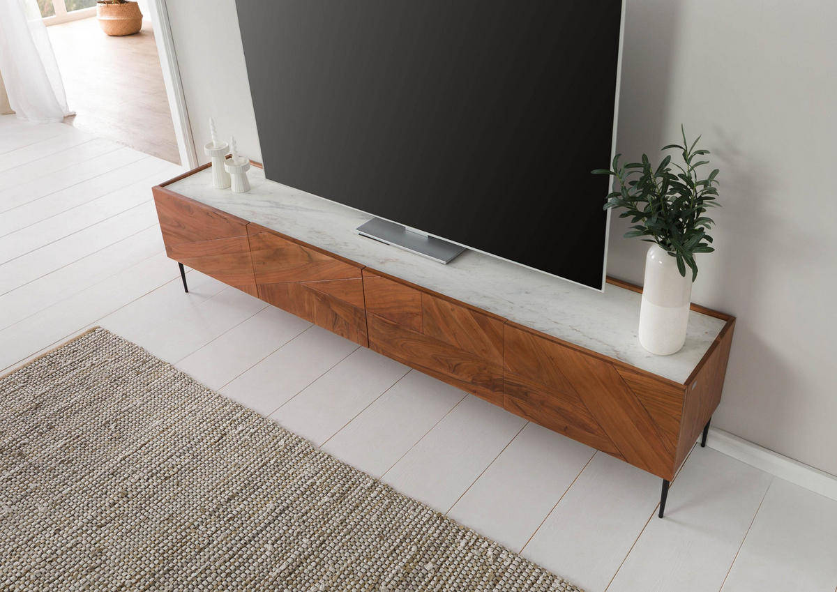 TV-BOARD Akazie 220x40x50 natur lackiert / Marmor weiß KARLSTAD #06 - Naturfarben, Holz (40/50/220cm) - Massivmoebel24