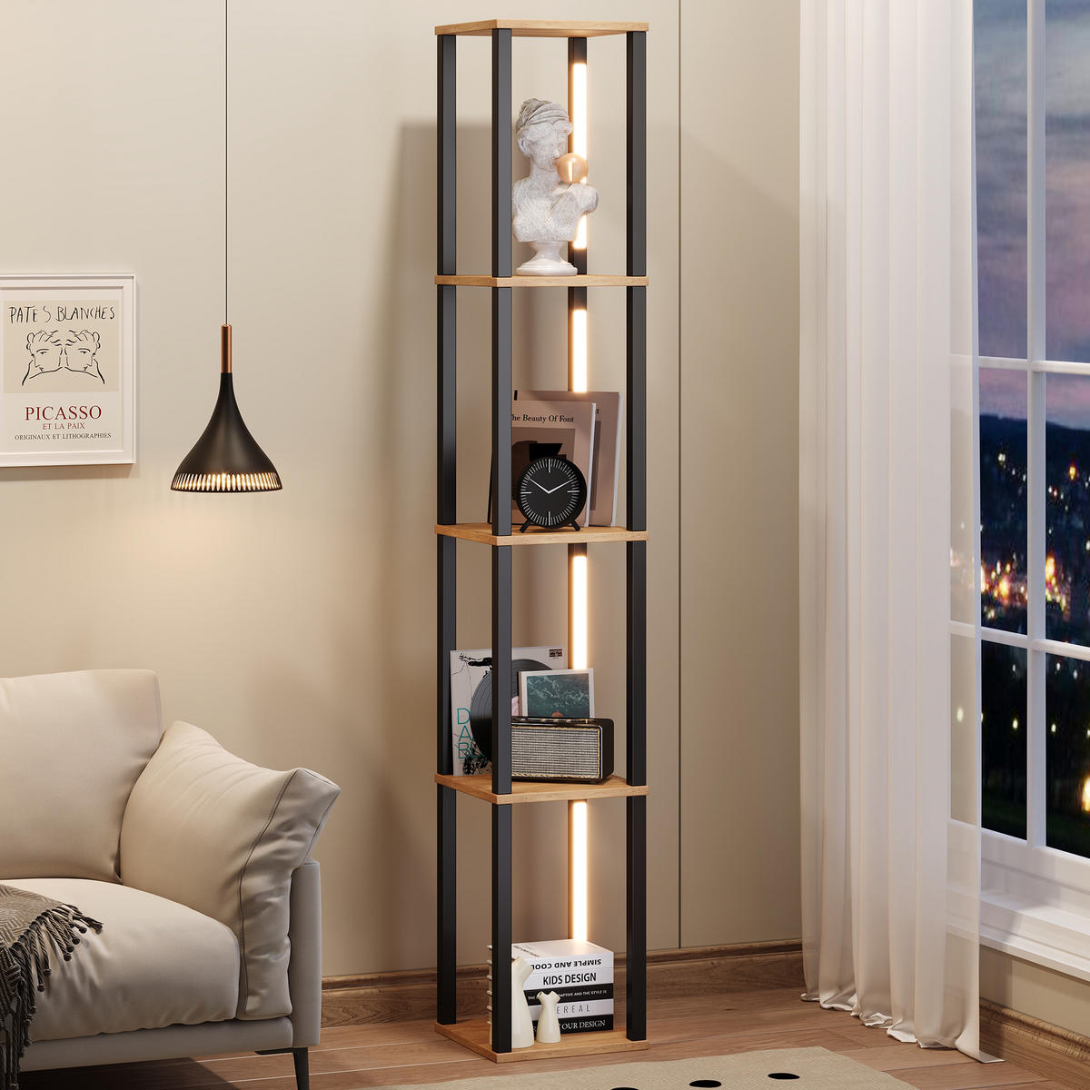 VITRINE in Schwarz Regal mit einstellbare LED-Beleuchtung, 26/26/165 cm - Naturfarben, Holzwerkstoff (26/165/26cm) - STILVORA