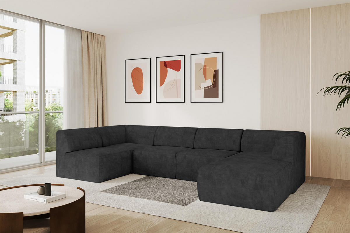 WOHNLANDSCHAFT Ottomane Rechts MOVO-L 345x180x78 cm Dunkelgrau Velours - Eschefarben, Holzwerkstoff/Kunststoff (180/78/345cm) - ALTDECOR