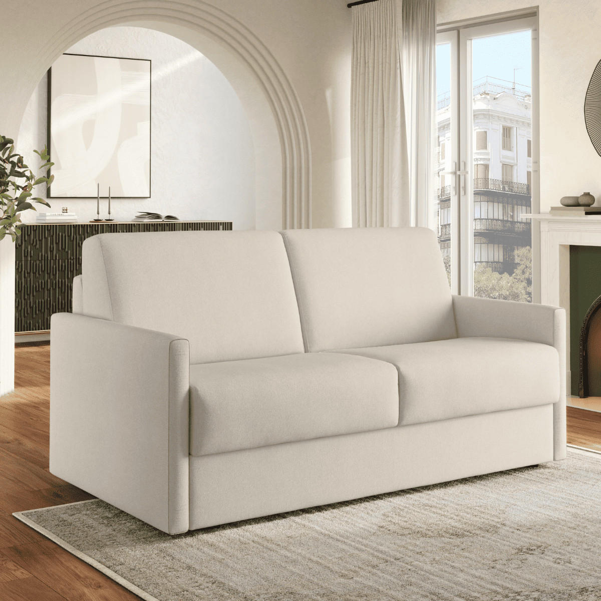 SOFA 3 sitzer aus stoffumwandelbar lucia 175/100/87 cm - Ecru, Holz (175/87/100cm) - Calicosy