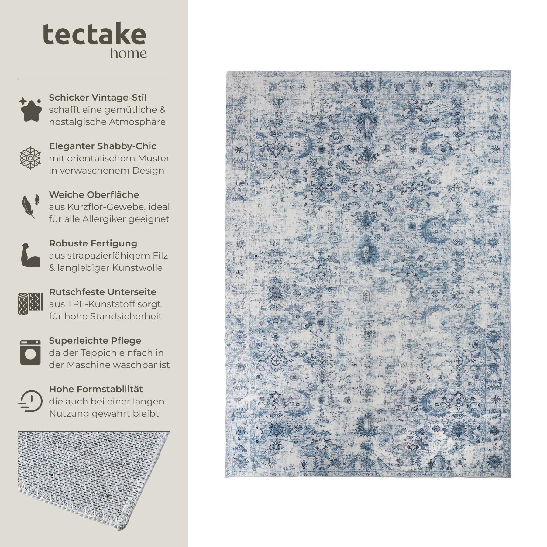 TEPPICH Vintage Design Amara,rutschfeste Unterseite,blau - Blau, Kunststoff (240/340cm) - tectake