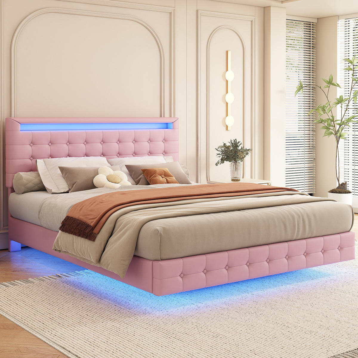 TAPECIRANI krevet 140/200 cm s LED osvjetljenjem i trostupanjski podesivim uzglavljem, Ružičasta - ružičasta, koža (140/200cm) - Redom