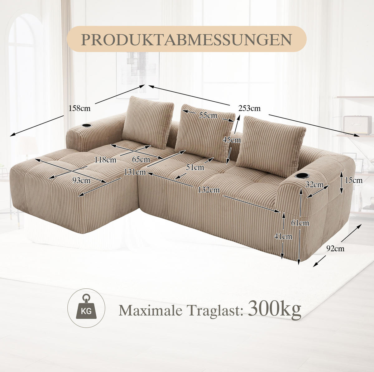 MODULÁRNÍ pohovka z manšestru 253x158x61 cm khaki s bočními kapsami, držáky na nápoje a 3 polštáři - béžová, textil (158/253cm) - Modfu
