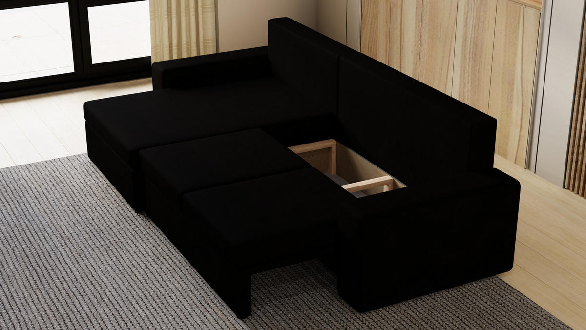 ECKSOFA Paco mit Bettkasten und Schlaffunktion, L-Form/XL-Form, Velourstoff, Universal - Schwarz, Holzwerkstoff (276/145cm) - 4ALL HOME