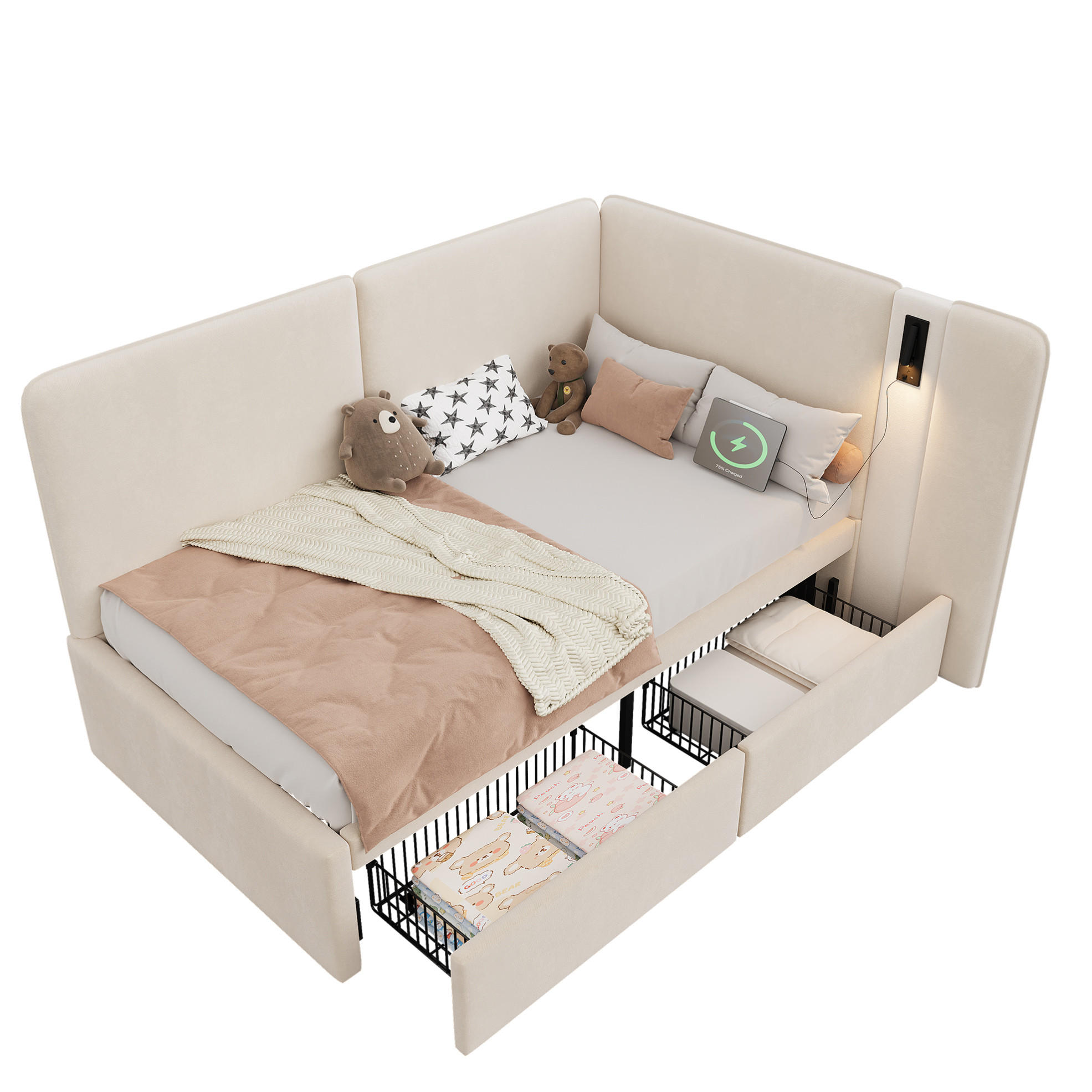 POLSTERBETT aus Samt 90x200 cm in Beige mit 2 Schubladen, USB-C & Leselampe - Beige, Textil (90/200cm) - Modfu