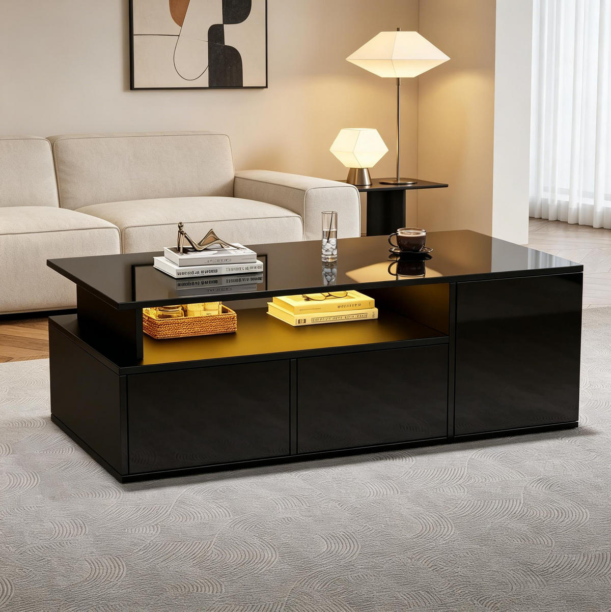 COUCHTISCH 100/50/35 cm schwarz aus Spanplatte mit LED und 2 Schubladen - Schwarz, Holzwerkstoff (100/50/35cm) - OKMYHOME