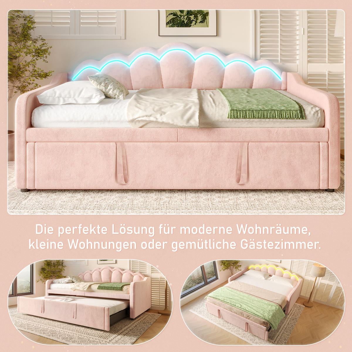 TAGESBETT aus Samt 90x200/180x200 cm Rosa mit Ausziehbett und LED-Beleuchtung, gewelltem Kopfteil - Rosa, Textil (90/200cm) - Modfu
