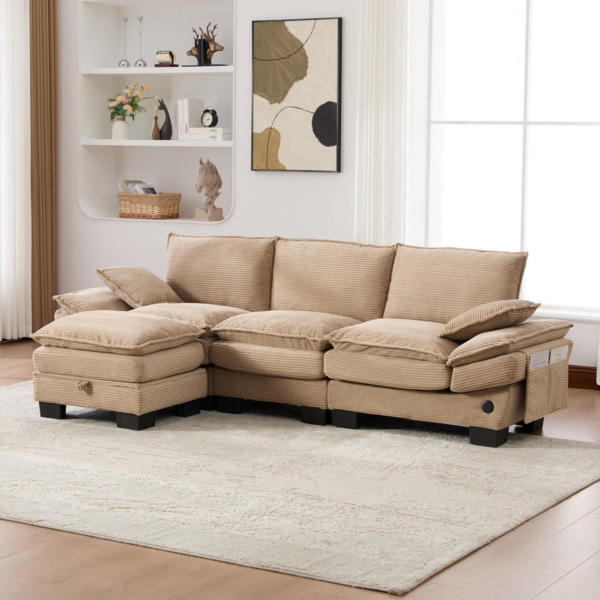 3-SITZER Sofa aus Cord 260x132x84 cm mit Hocker & USB-C-Anschluss, beige - Beige, Textil (132/84/260cm)