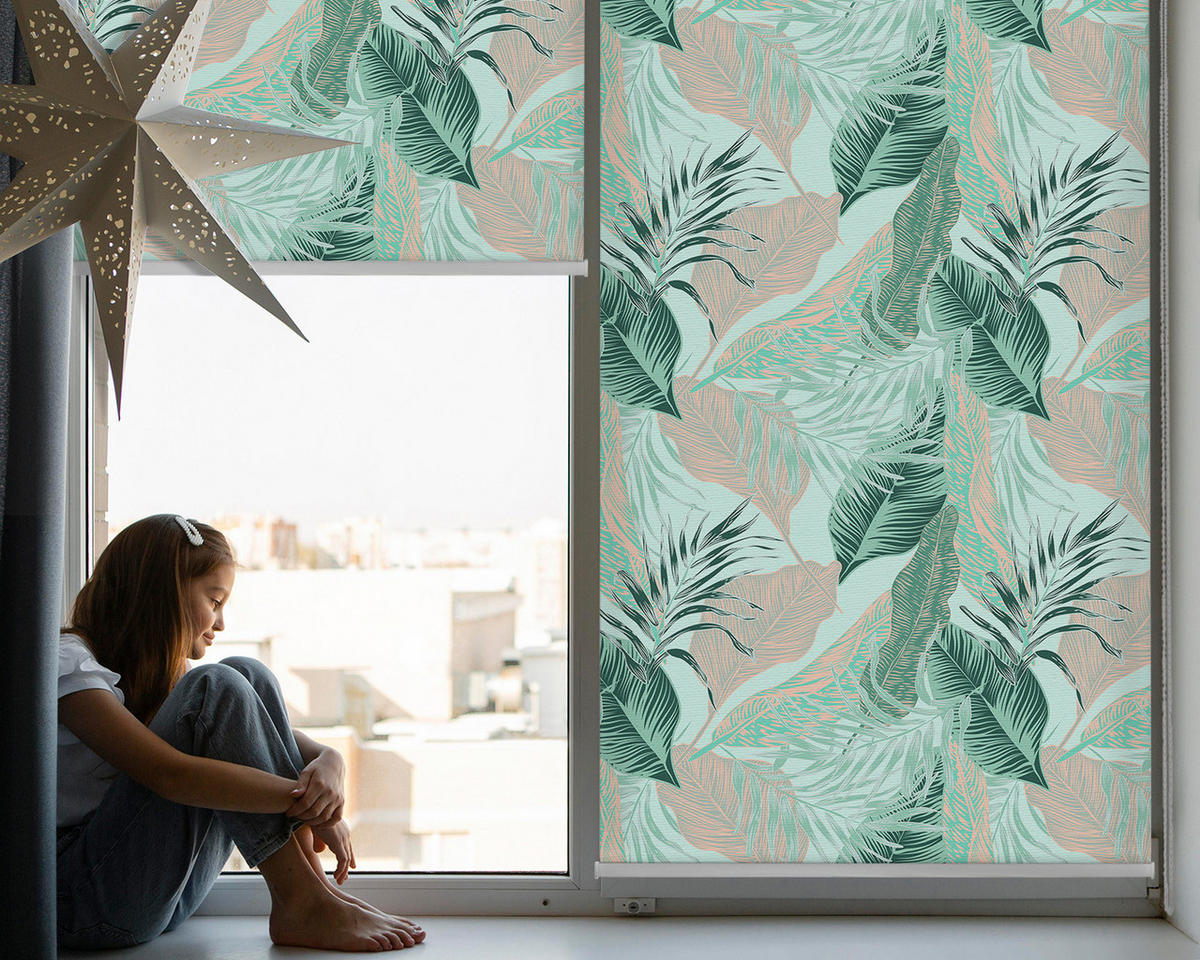 VERDUNKELUNGSROLLO 70x140 cm Tropische Blätter - Blau, Textil (70/140cm) - TULUP