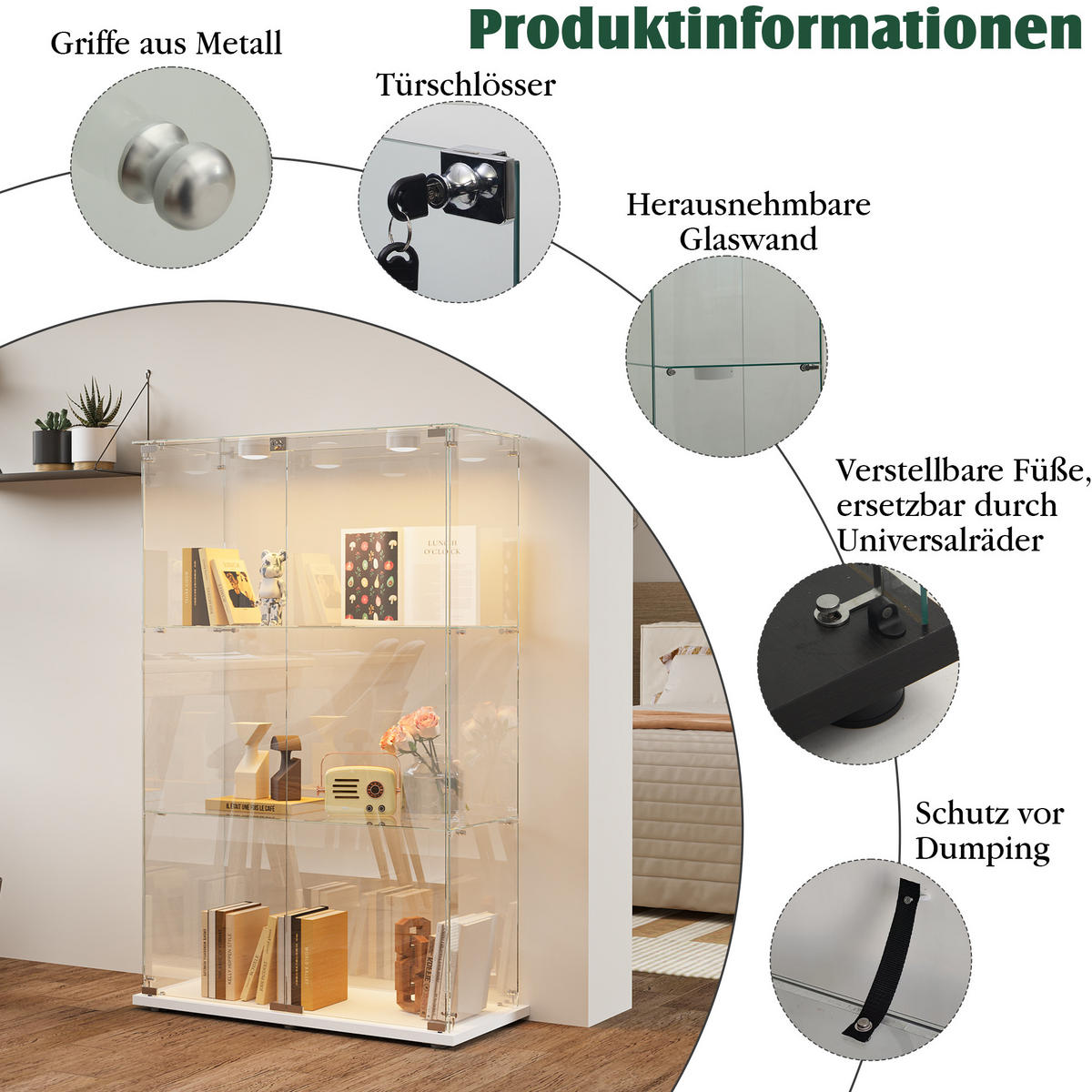 GLASVITRINE Weiß Mit LED, 2 Türen, 3 Regalen & Schloss, Standvitrine - Weiß, Holz (35/123.3/78.5cm)