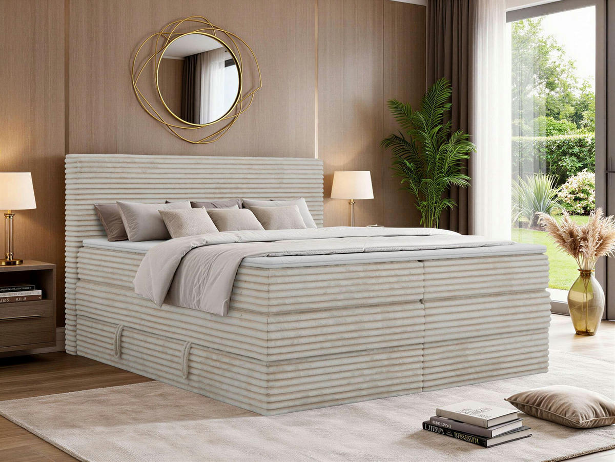 BOXSPRINGBETT TILION KING 140/200 - Beige Cord - Topper Visco - H3 - Beige/Schwarz, Kunststoff/Textil (140/200cm) - MKS